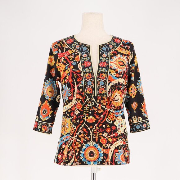 GRETCHEN SCOTT Jersey Split Neck Tunic Top Dark Floral Paisley Size S - Picture 1 of 6